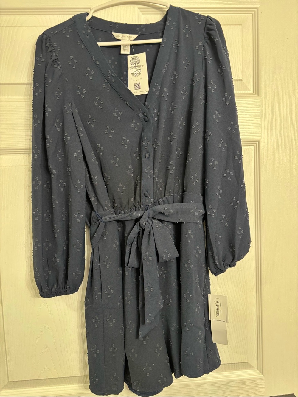 London Times Slate Blue Textured V-Neck Tie-Waist Long Sleeve Dress